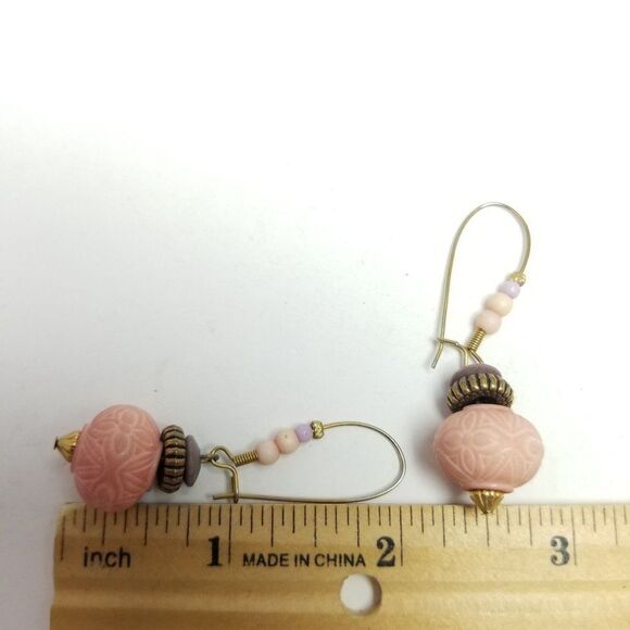 Vintage Light Pink Beaded Dangle Earrings, Boho Pastel Style Design, Estate - Picture 3 of 5